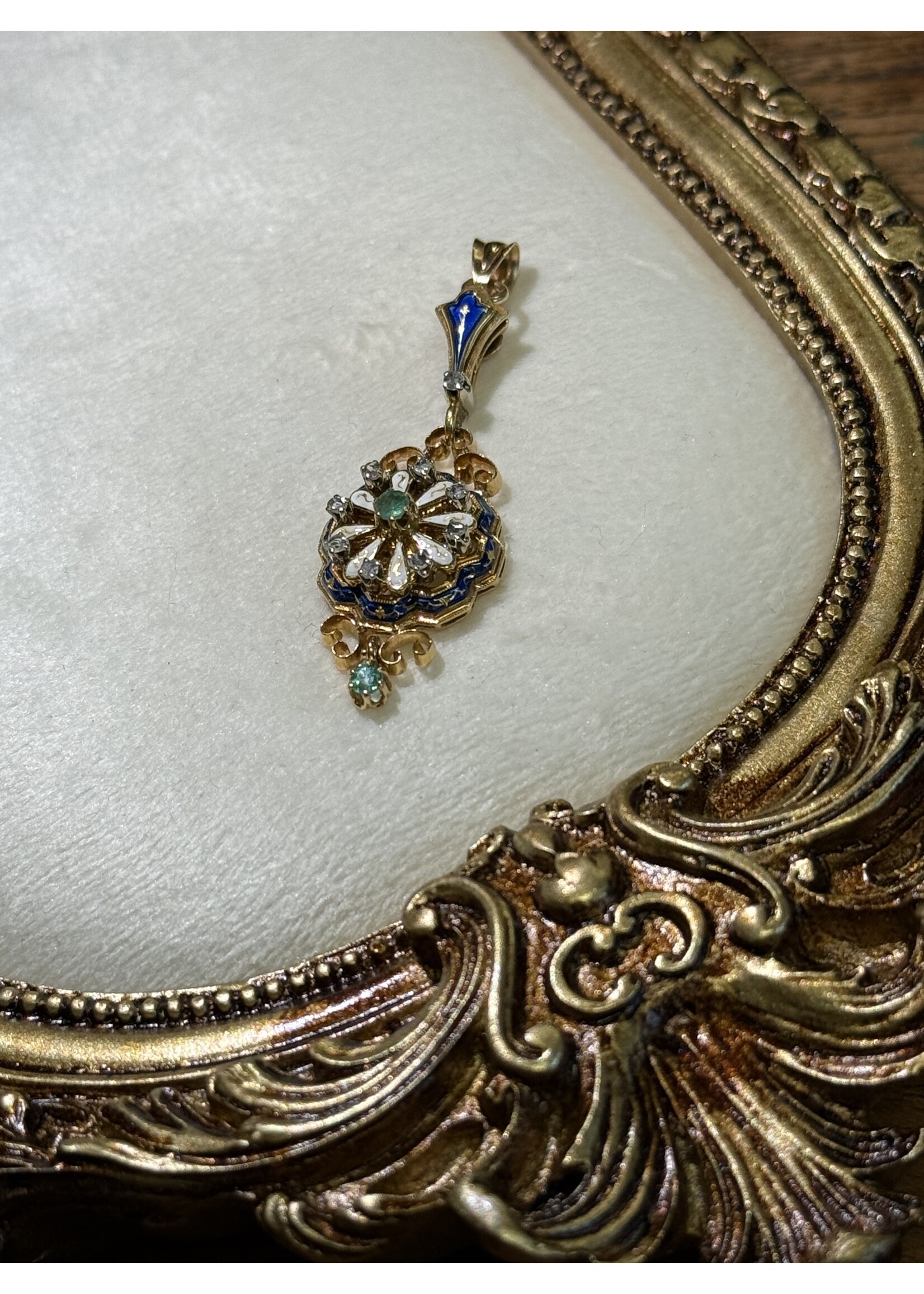 Vintage & Occasion Geelgouden 18k vintage hanger met smaragd en briljant