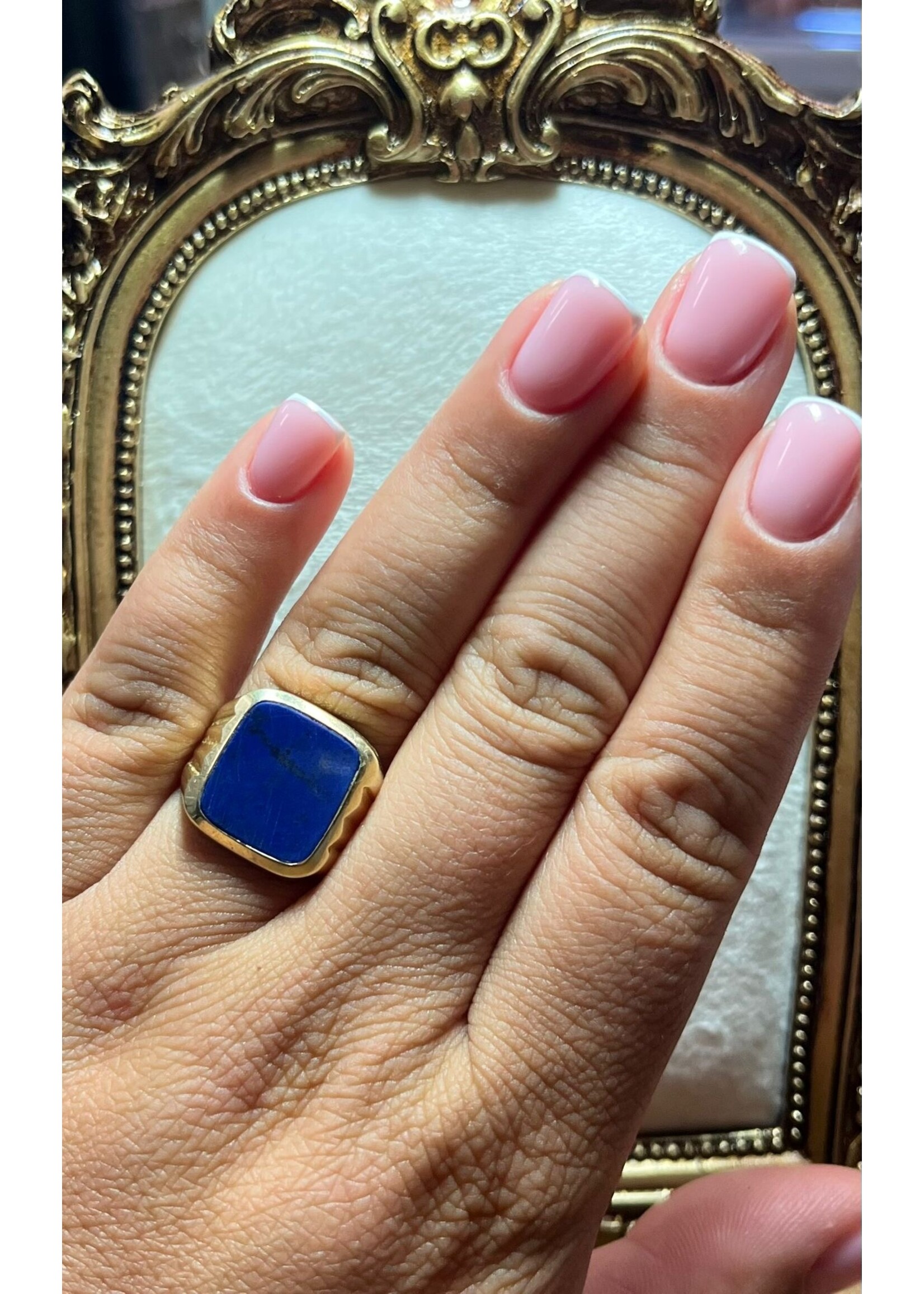 Vintage & Occasion Geelgouden ring 14k met blauwe steen - maat 19
