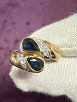 Vintage & Occasion Geelgouden art deco ring met briljant en saffier - maat 15.75