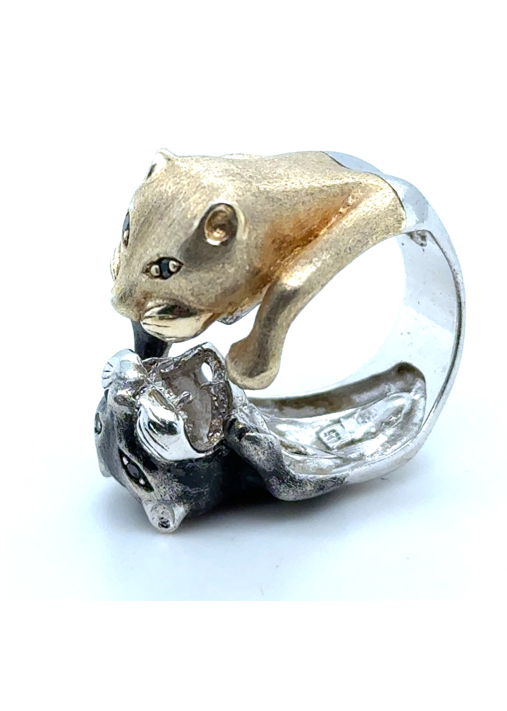 Vintage & Occasion Unieke zilveren  ring met twee panters - maat 16.5 double trouble ring