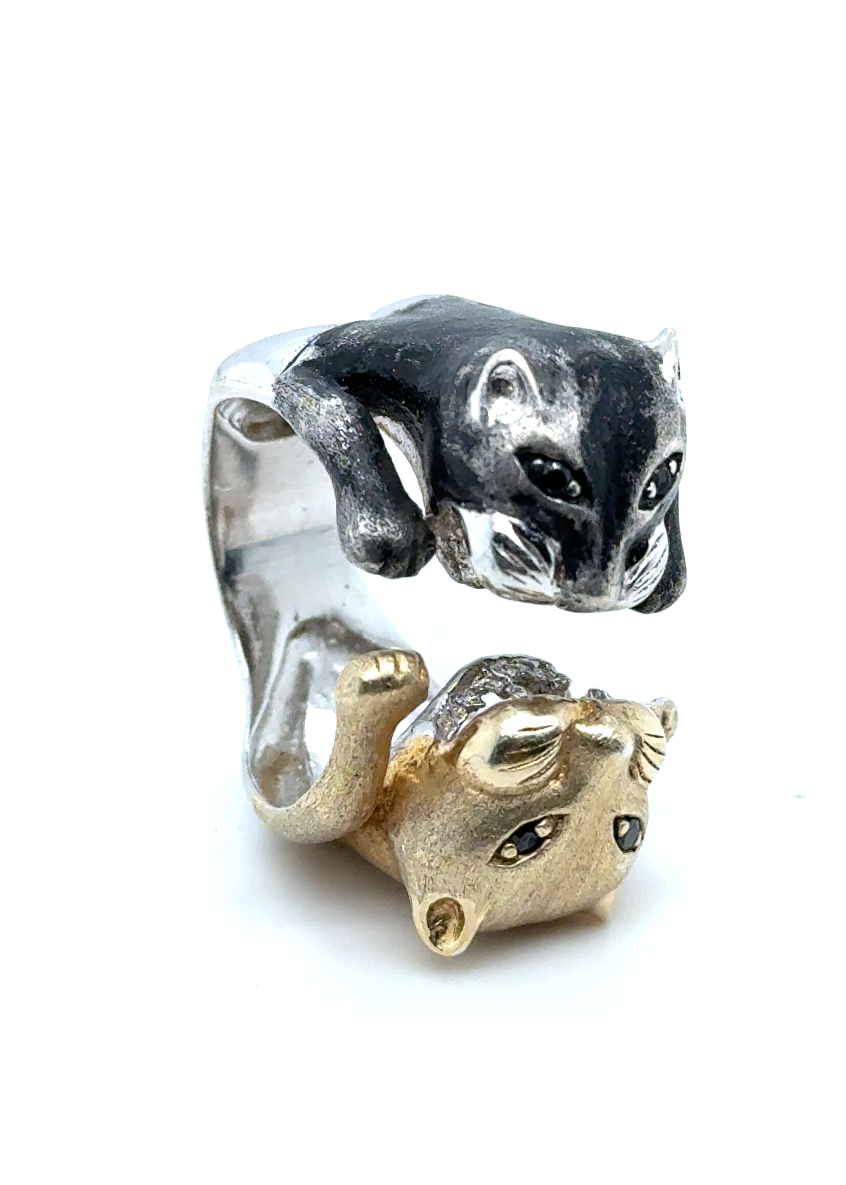 Vintage & Occasion Unieke zilveren  ring met twee panters - maat 16.5 double trouble ring