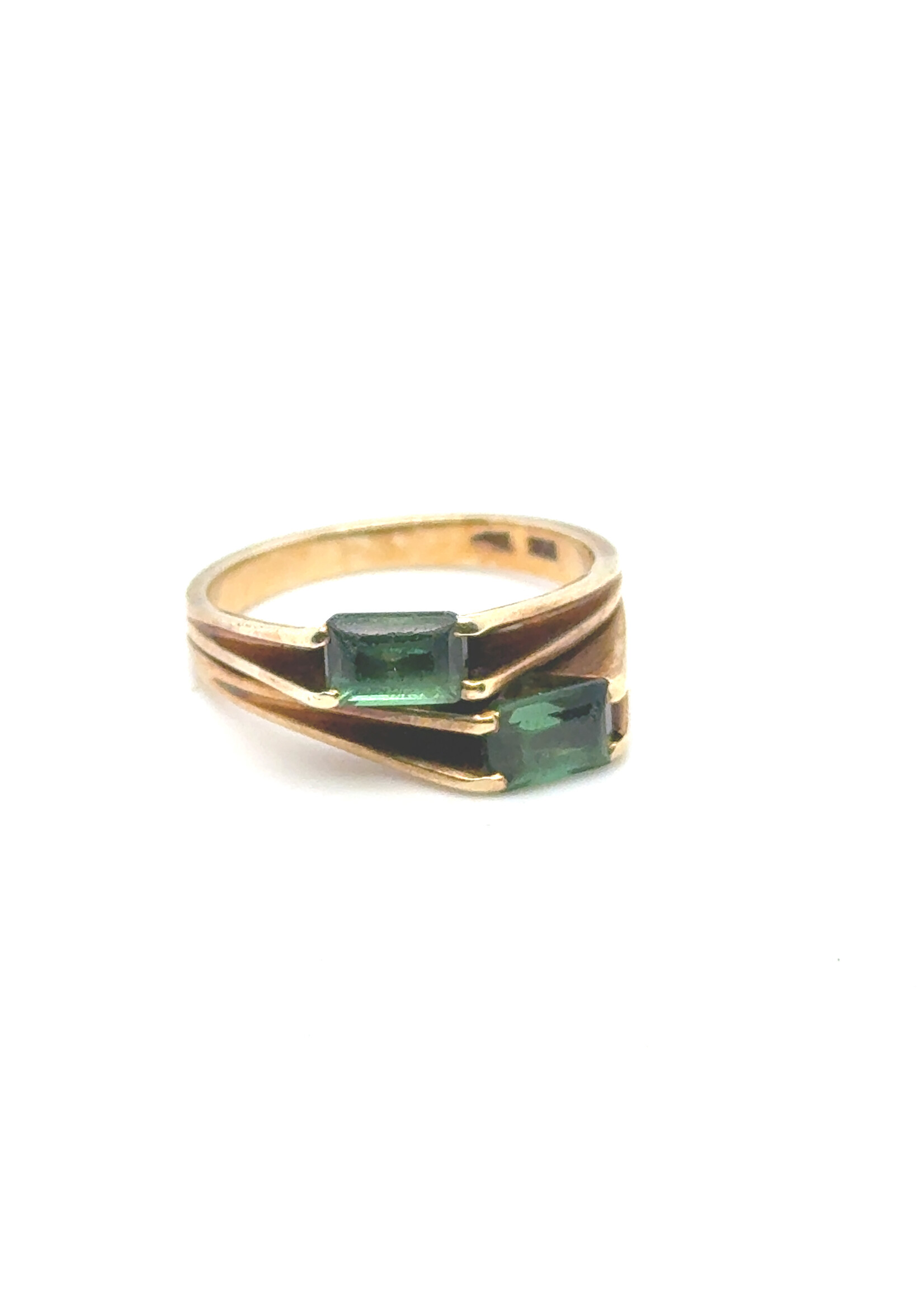 Vintage & Occasion 14k geelgouden ring met groene baguette geslepen stenen – maat 17