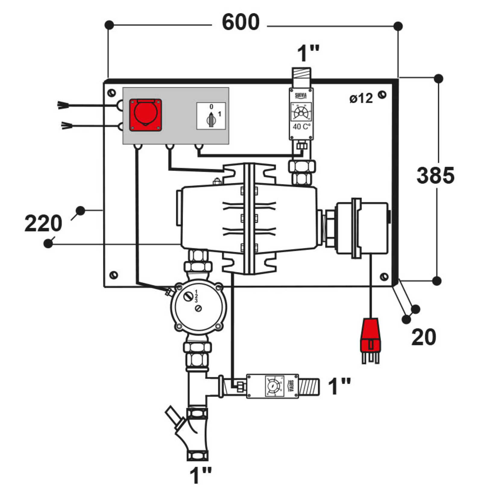 Suevia Warmwatercirculatieunit met retourwatertemperatuuraansturing Model 311, 3000 W, 400 v