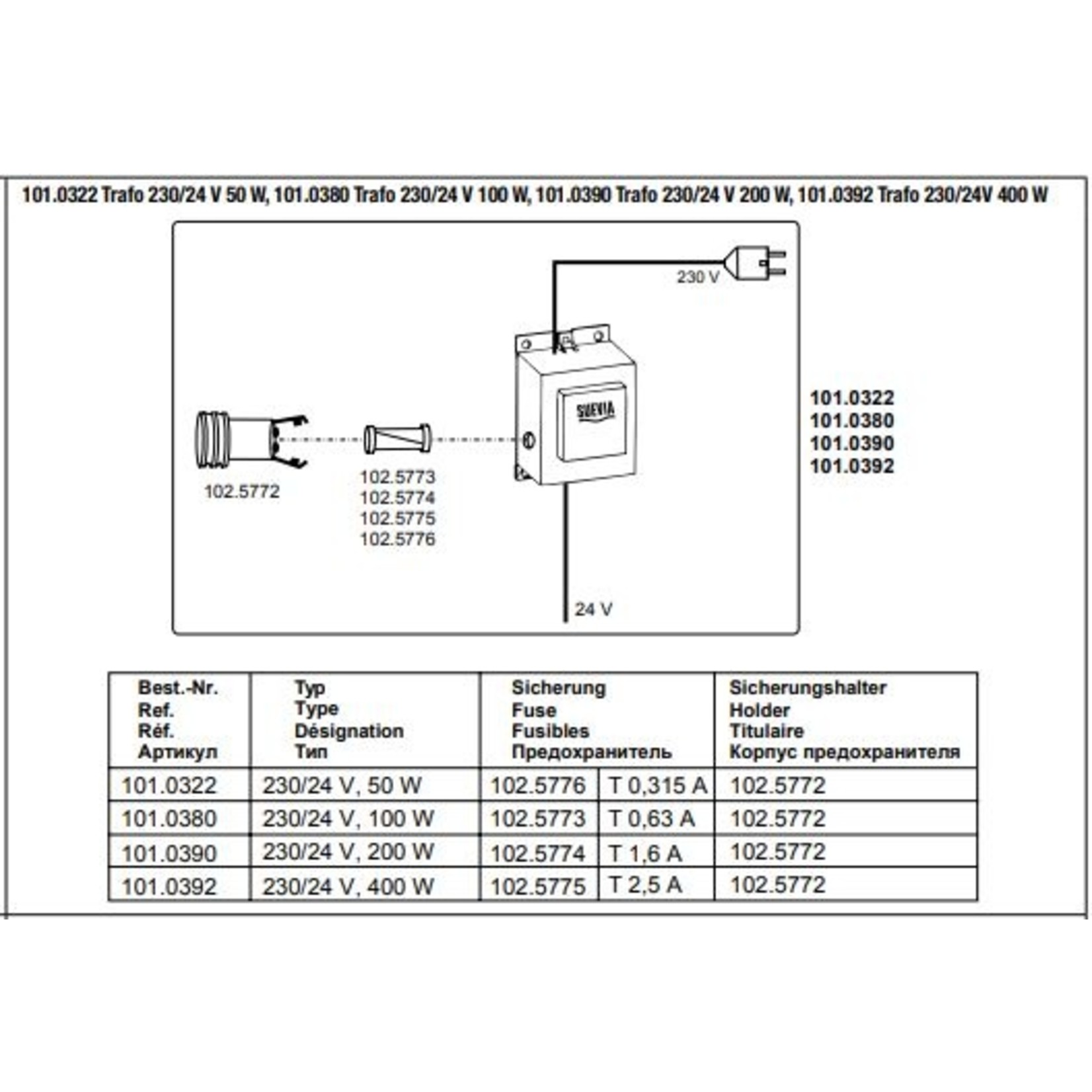 Suevia Transformator 230/24 V, 100W, 200W, 400W.