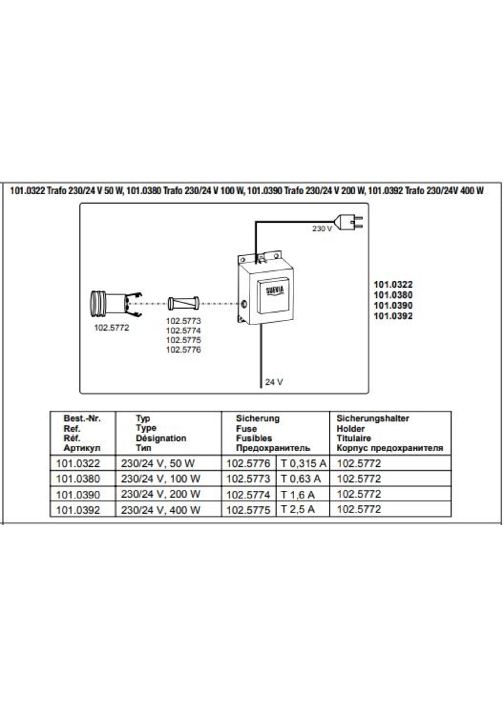 Suevia Transformator 230/24 V, 100W, 200W, 400W.