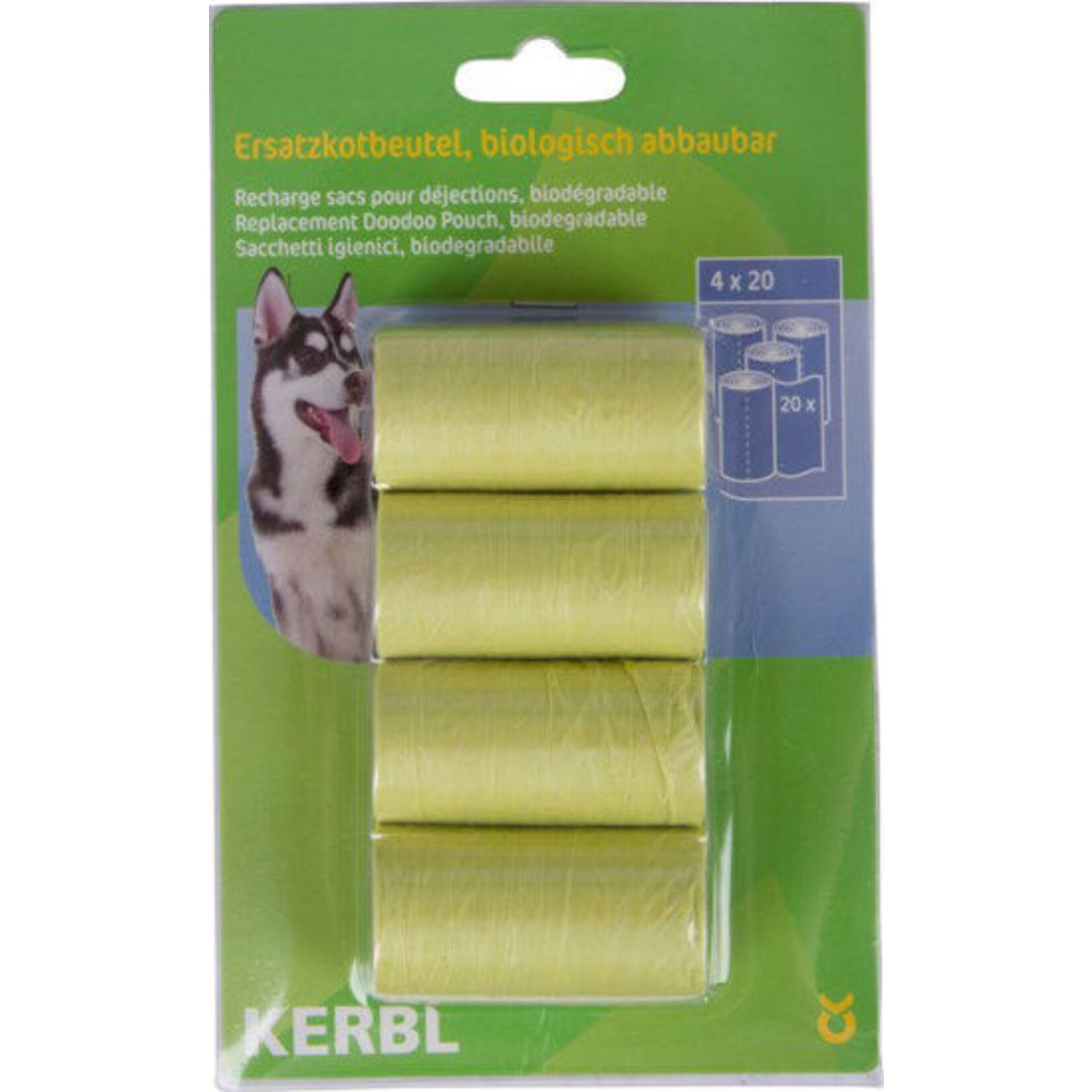 Kerbl Hondenpoepzakjes groen, 4x20st biologisch afbreekbaar,