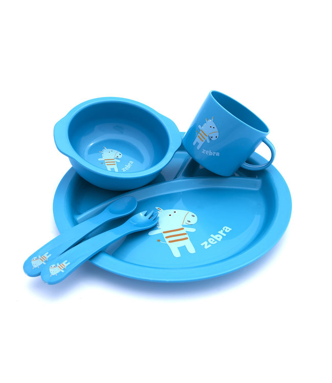 Eetset met bord, beker, bestek en schaaltje. Baby - peuter blauw Zebra