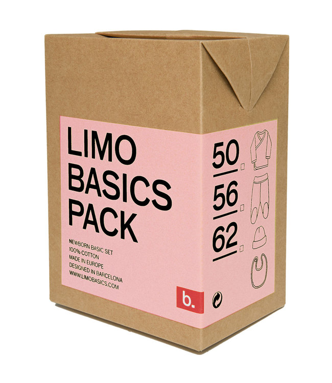 Limobasics pack met roze trui, broek, slab en muts, mt 56