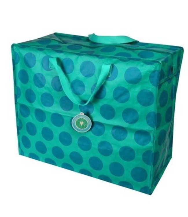 Big storage bag recycled plastic 55cm - turquoise with blue spots