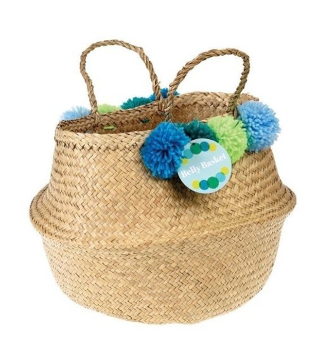 Rice basket with pompoms blue-green