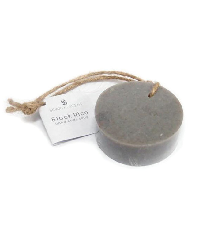 Black Rice soap on a rope round