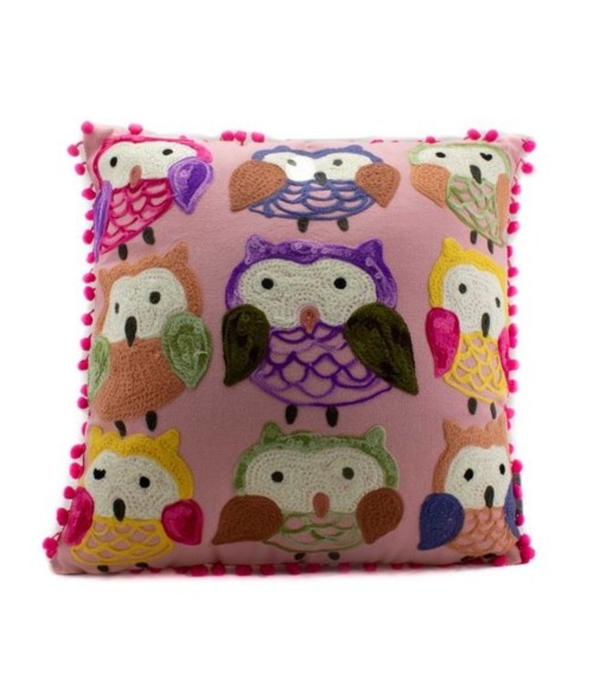 Cushion pink cotton embroidered owls 45x45cm