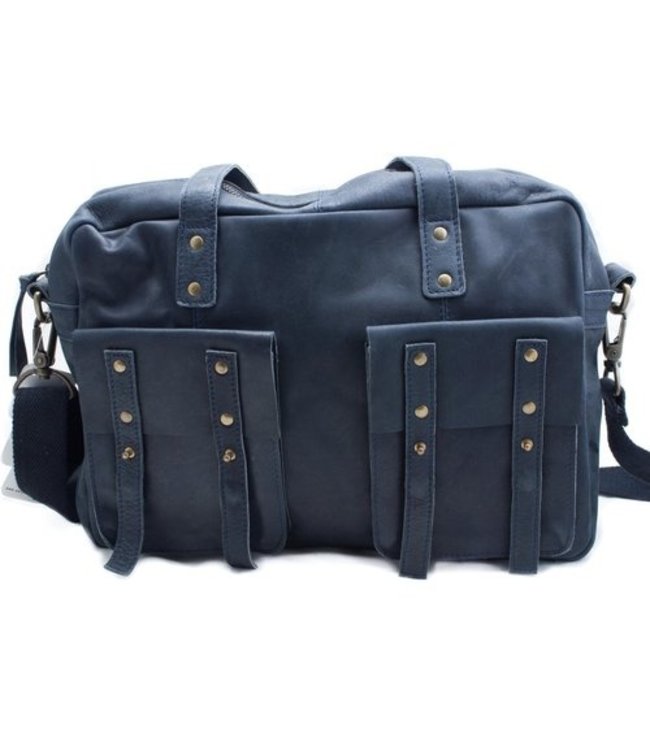 Leren tas met vakken blauw