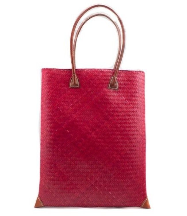 Red palmleave bag with red leather handles