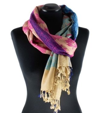 Siddharth Import Sjaal Zari geel-blauw-roze 180x140 cm