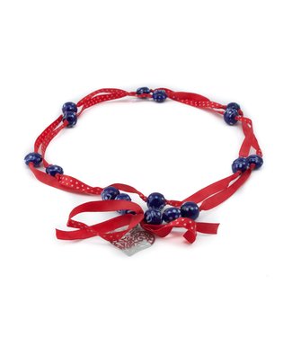 FairForward Necklace blue glass beads and red ribbons