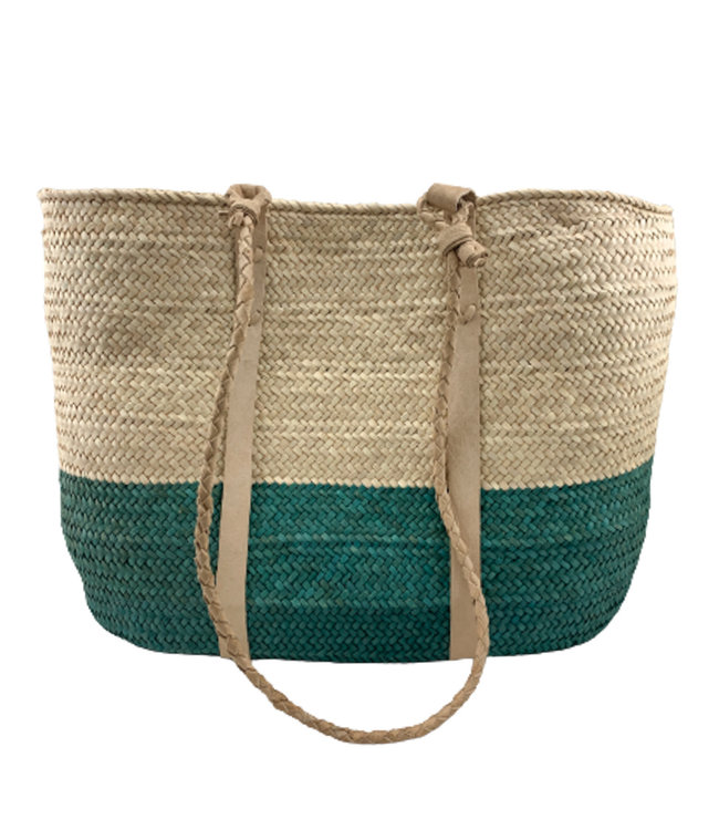 Straw bag cream-green and cream coloured leather