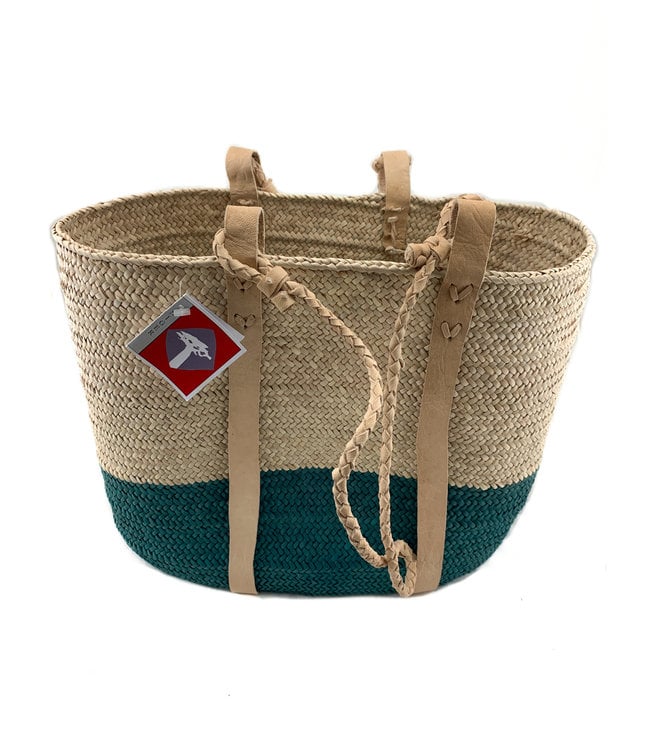 Shopper riet naturel-groen met crème leren hengsels Small