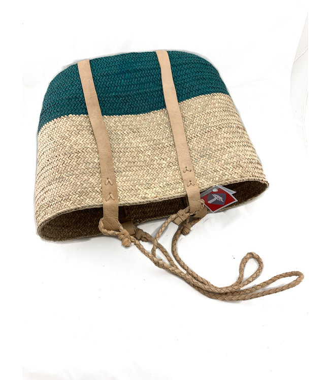 Straw bag cream-green and cream coloured leather