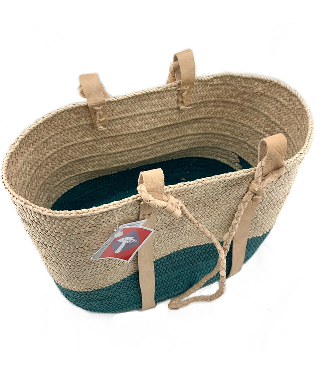 Straw bag cream-green and cream coloured leather