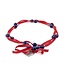 Necklace blue glass beads and red ribbons