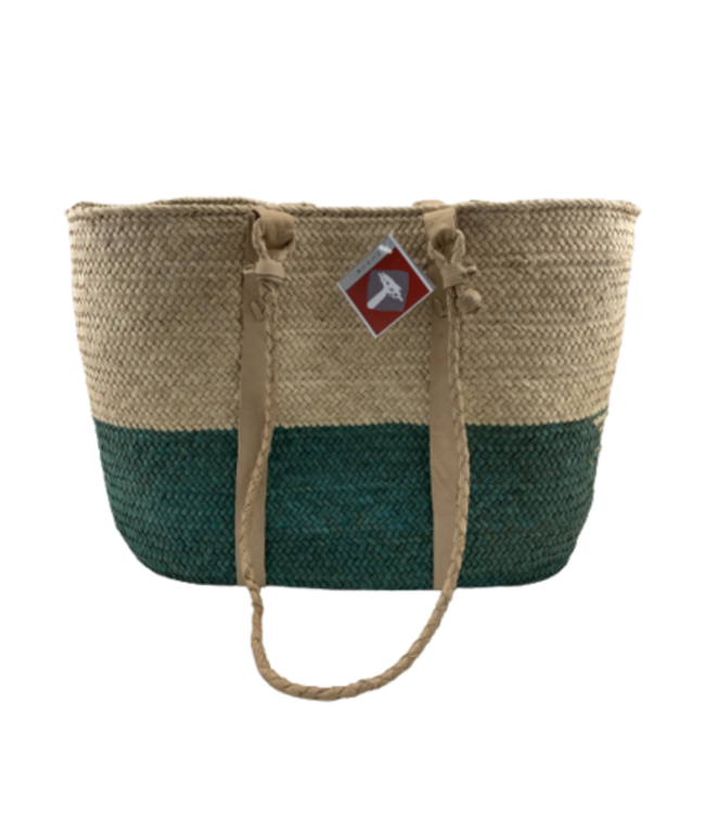 Shopper riet naturel-groen met crème leren hengsels Small