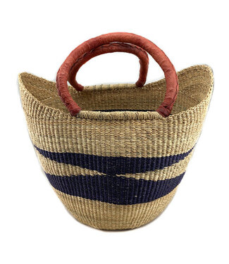 Shopper palmblad blauw-naturel met leren handvaten