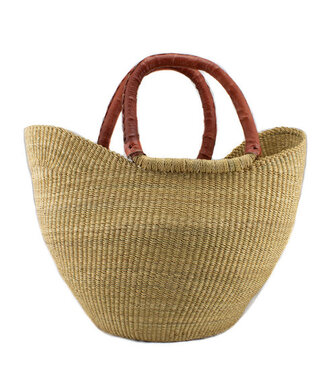 Shopper palmblad met leren handvaten naturel