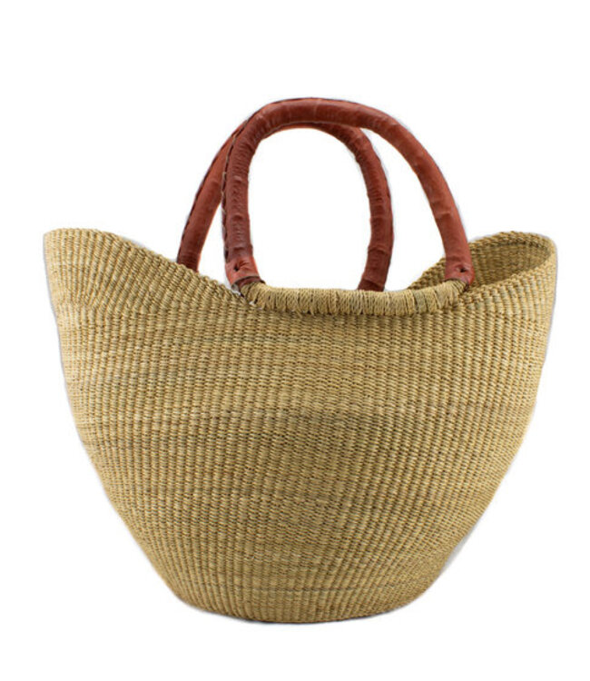 Shopper palmblad met leren handvaten naturel