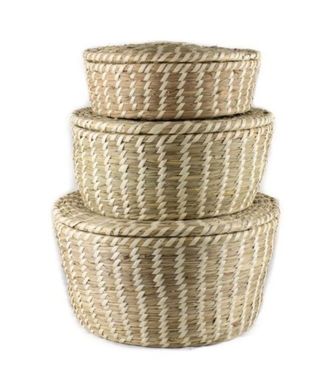 Set 3 palmblad mandjes met deksel - beige