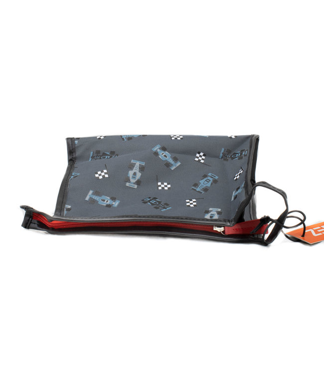 Toiletry bag with race cars