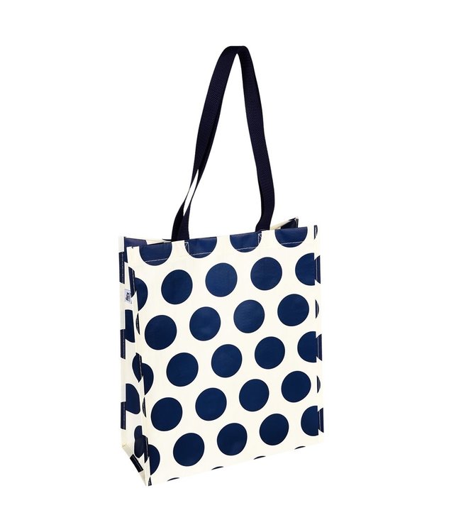 Shopper gerecycled plastic 40x34cm - wit met donkerblauwe stippen