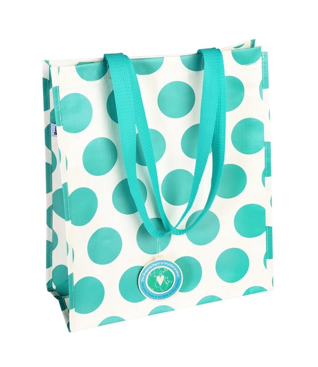 Shopper gerecycled plastic 40x34cm - wit met turquoise stippen