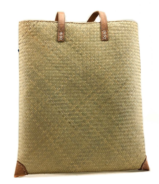 Palmleave bag with brown leather handles - natural