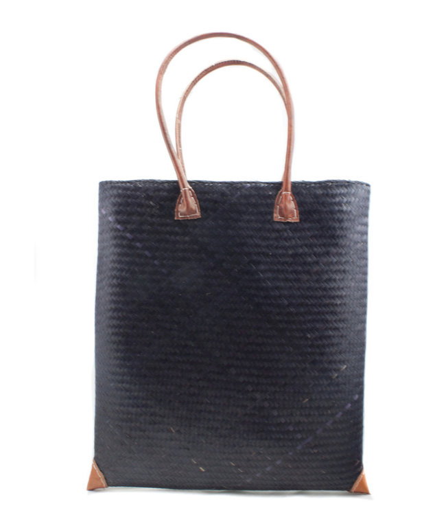 Black palmleave bag with brown leather handles