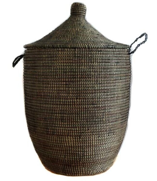 Straw basket with lid black traditional Large