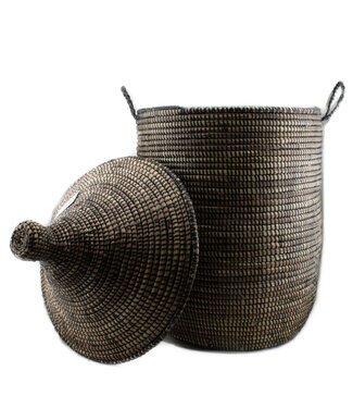 Teranga Straw basket with lid black traditional Large