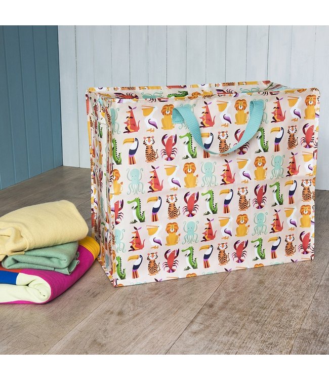 Grote opbergtas XL Kleurrijke dieren - gerecycled plastic beige 55 cm