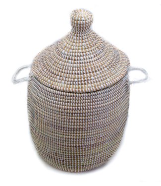 Teranga Straw basket with lid traditional shape white Small