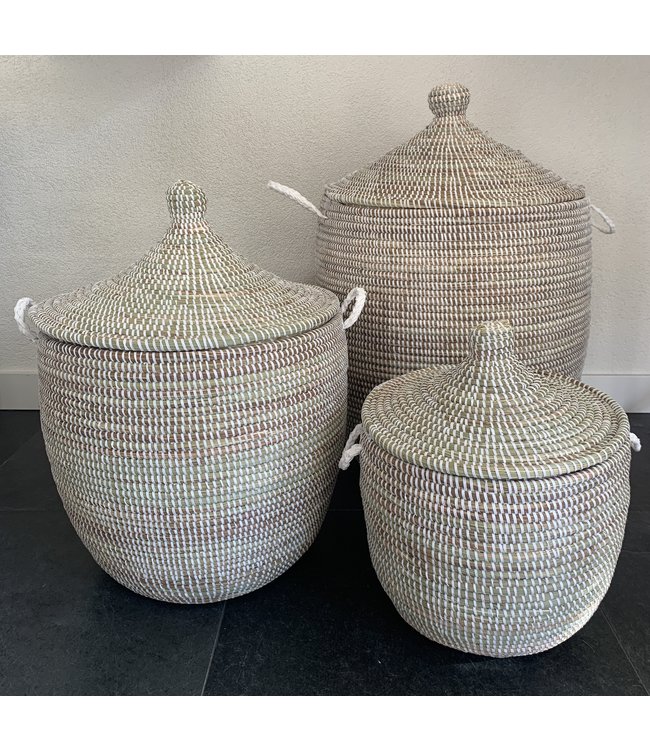 Straw basket with lid Large White - height 75 cm x diameter 50 cm