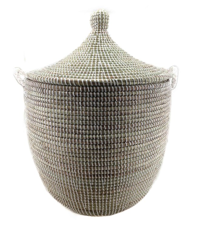 Straw baskets white with lid - Set of 3 sizes (S-M-L)