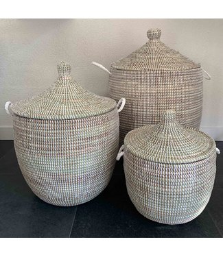 Teranga Straw baskets white with lid - Set of 3 sizes S+M+L