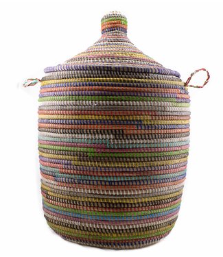 Teranga Straw basket with lid traditional shape multi stripes -H40/55cm