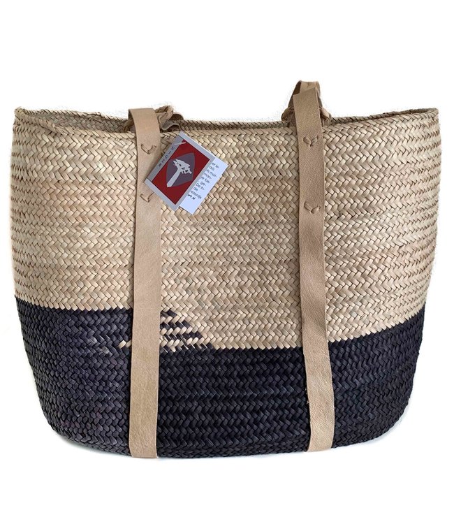 Shopper riet naturel-donkerpaars met beige leren hengsels - M