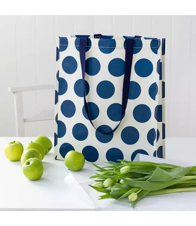 Shopper gerecycled plastic 40x34cm - wit met donkerblauwe stippen