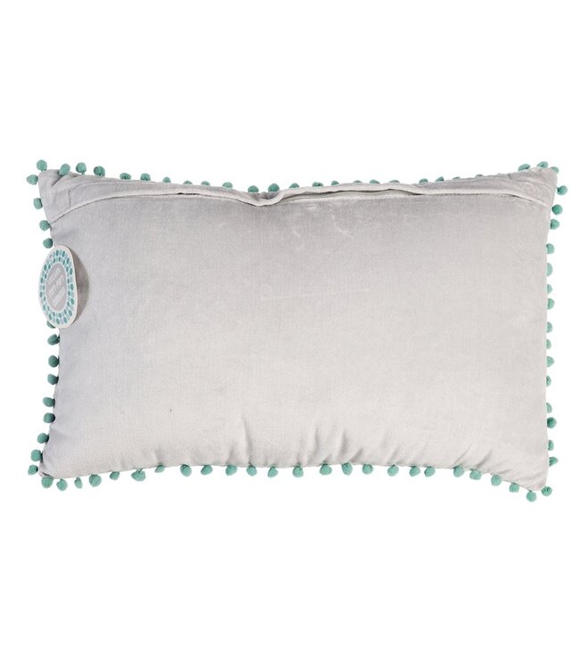 Velours sierkussen grijs met mintgroene pompons 33x50cm