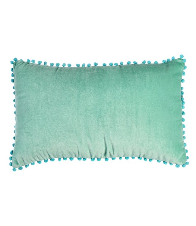 Velvet cushion mint green with aqua pom poms 33x50cm