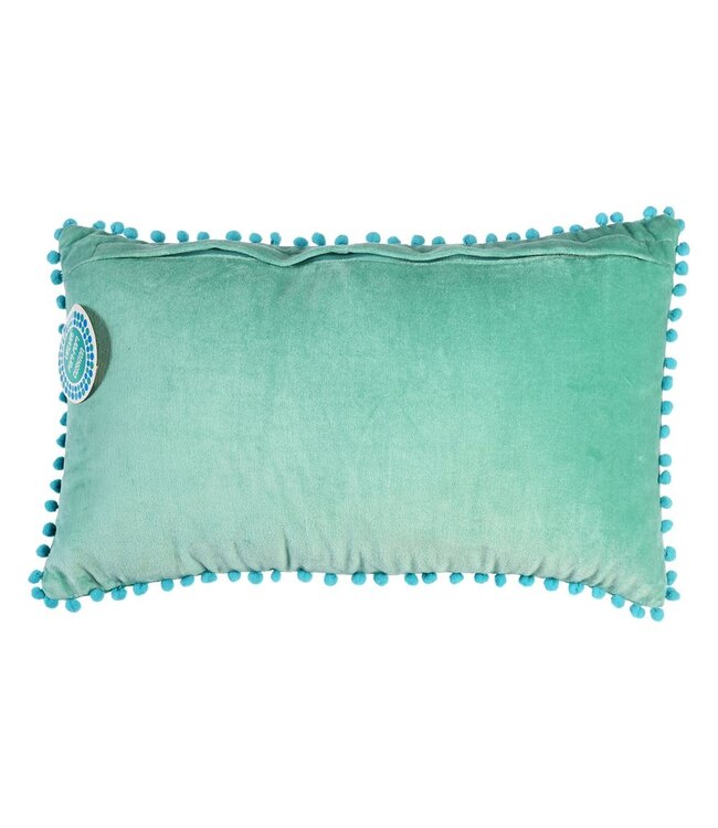 Velvet cushion mint green with aqua pom poms 32x50cm
