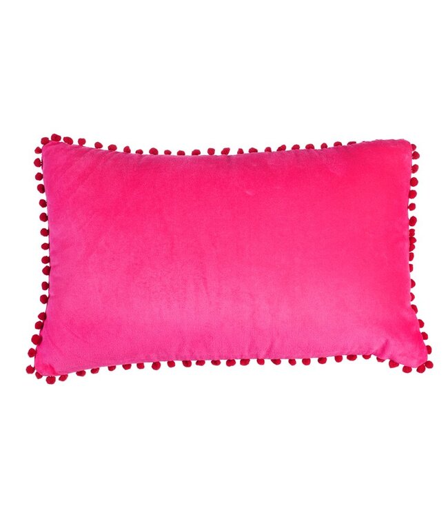 Velours kussen fuchsia met rode pompons 33x50cm