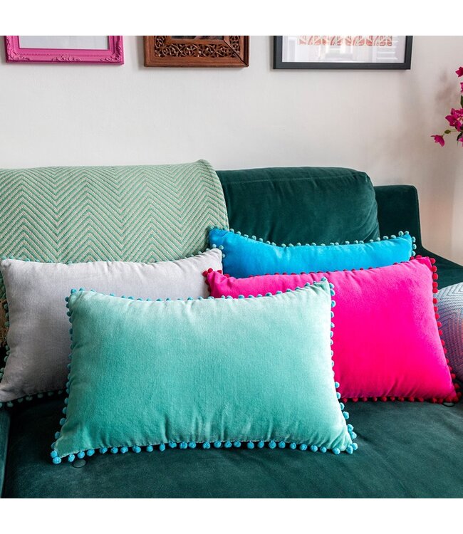 Velvet cushion greek blue wit mnt green pom poms 33x50cm